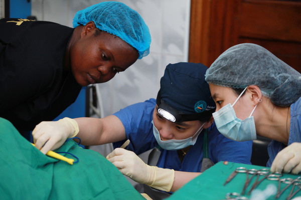 아프리카 우간다 의료봉사에 참여한 이영원 서울아산병원 유방외과 전문의(사진 가운데)가 종양절제술을 시행하고 있다.