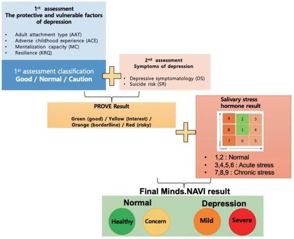 연구팀은 기존 우울증 진단 방식으로 우울증 환자 35명과 건강한 대조군 15명을 선발했다. 실험대상자를 PROVE 검사로 1차 분류한 후, 타액 호르몬 분석 결과를 통합해 최종적으로 비우울증군(녹색[건강], 황색[우려])과 우울증군(주황색[경도] 적색[중증])으로 판별했다.