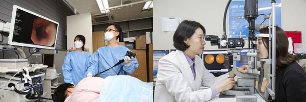 왼쪽부터 위 내시경 검사를 하고 있는 중앙대병원 소화기내과 김범진 교수와 진료 중인 안과 전연숙 교수