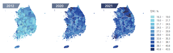 시·군·구별 비만율(자가보고) 지리적 분포 추이(2012, 2020, 2021).